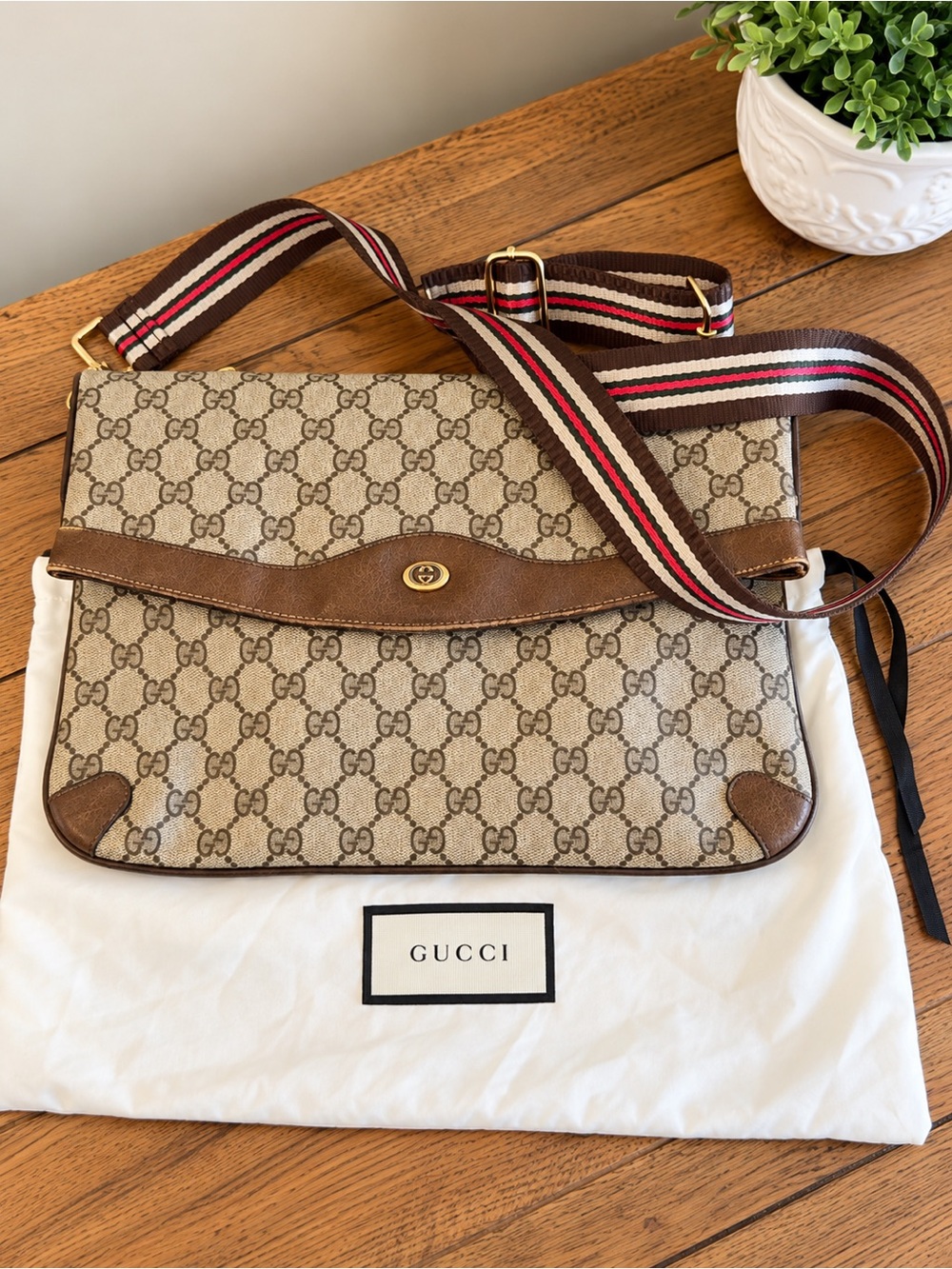 Vintage Gucci GG Supreme Monogram Web Stripe Crossbody Bag w/ Dust Bag